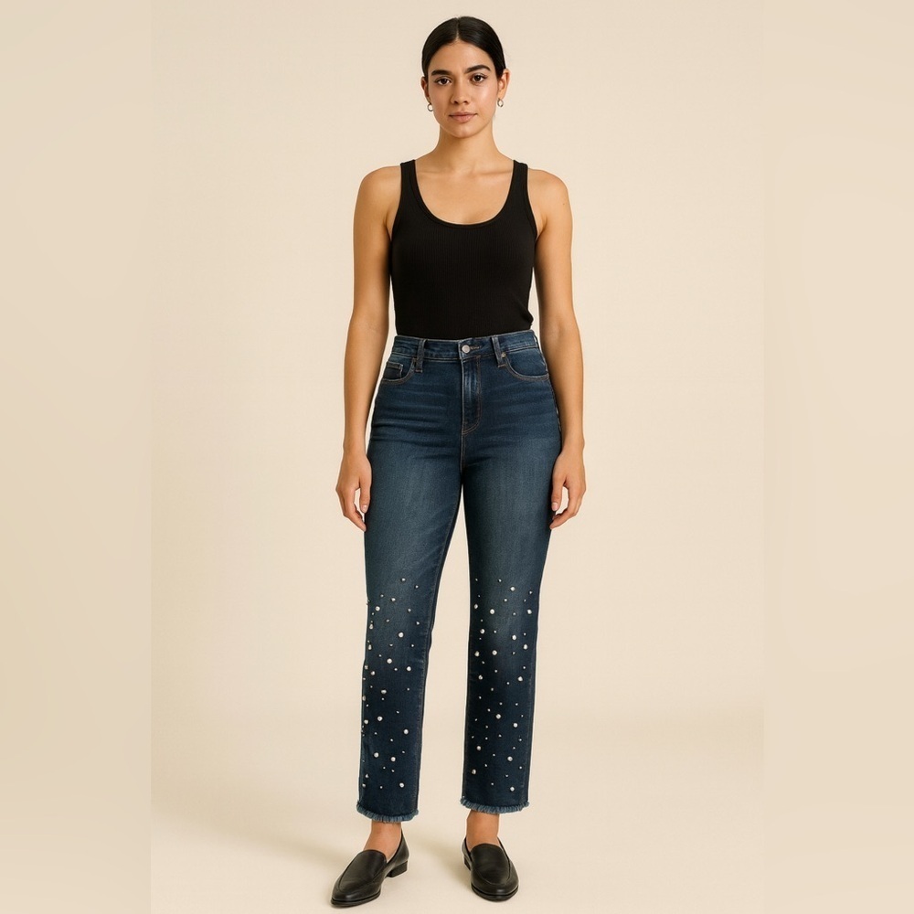 Soho Women's Stretch Denim Straight Leg Jeans with Pearl Details.     Size-10